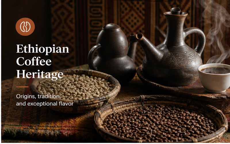 Ethiopian coffee beans and traditional ceremony